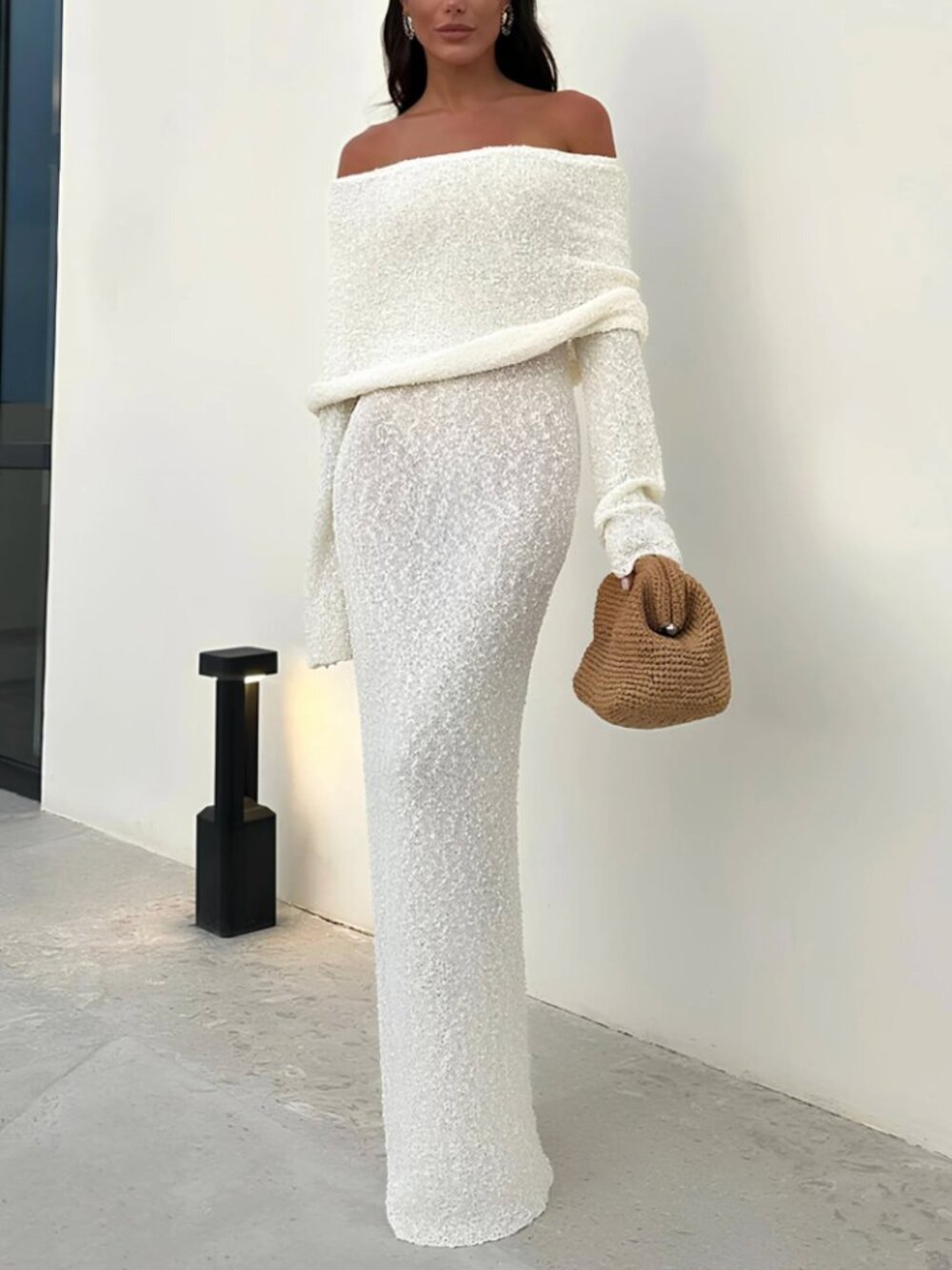 NWT. MESHKI Marisol Off Shoulder Boucle Maxi Dress - Ivory